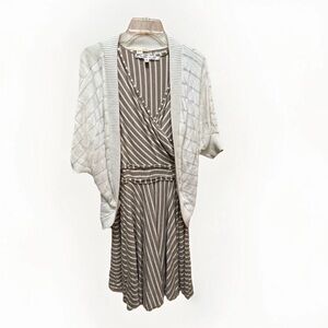 Max Studio Taupe and White Striped V-Neck Dress